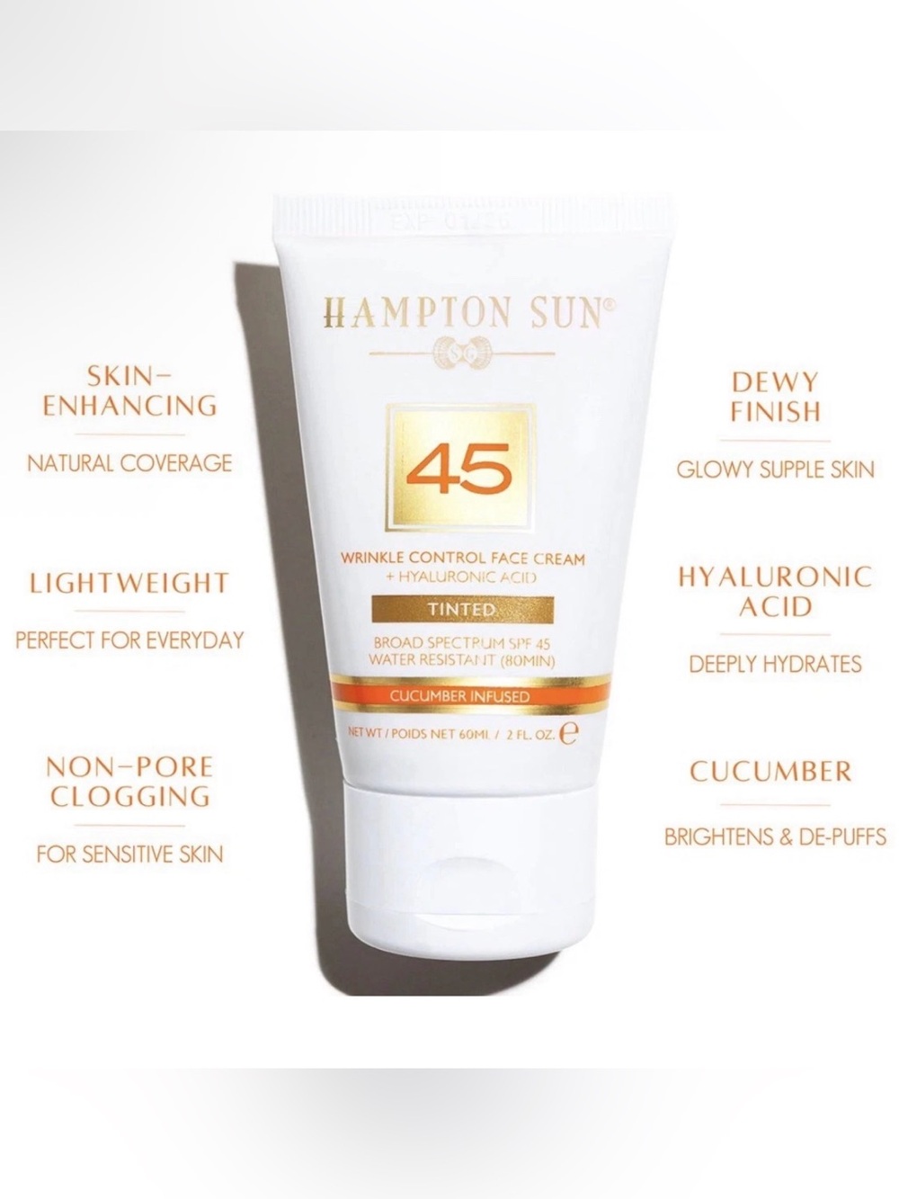Hampton Sun Tinted Wrinkle Control Hyaluronic Acid Face Cream SPF 45 2fl oz